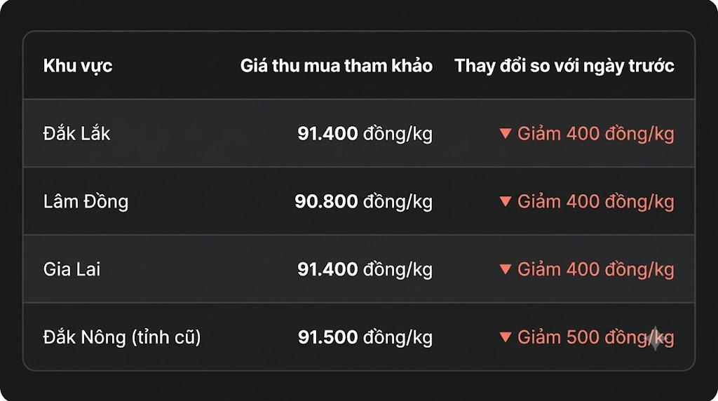Giá cà phê hôm nay 23/10/2026: Tây Nguyên giảm còn 90.800–91.500 đồng/kg