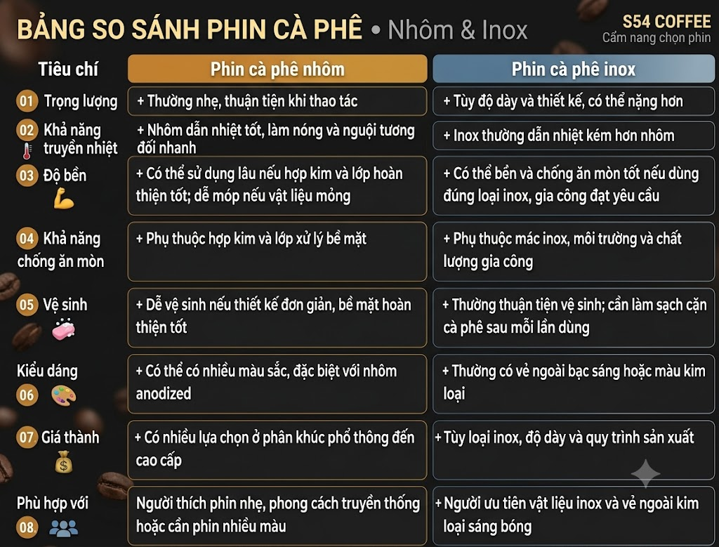 Nên mua phin cà phê nhôm hay inox? So sánh chi tiết từ A–Z